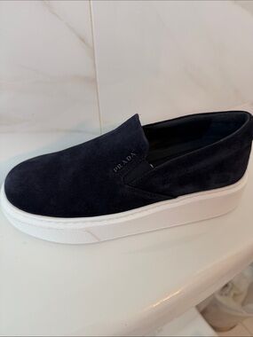 Prada women size 5 Black Suede Slip-On White Platform Sole . New w/ box. CHEAP